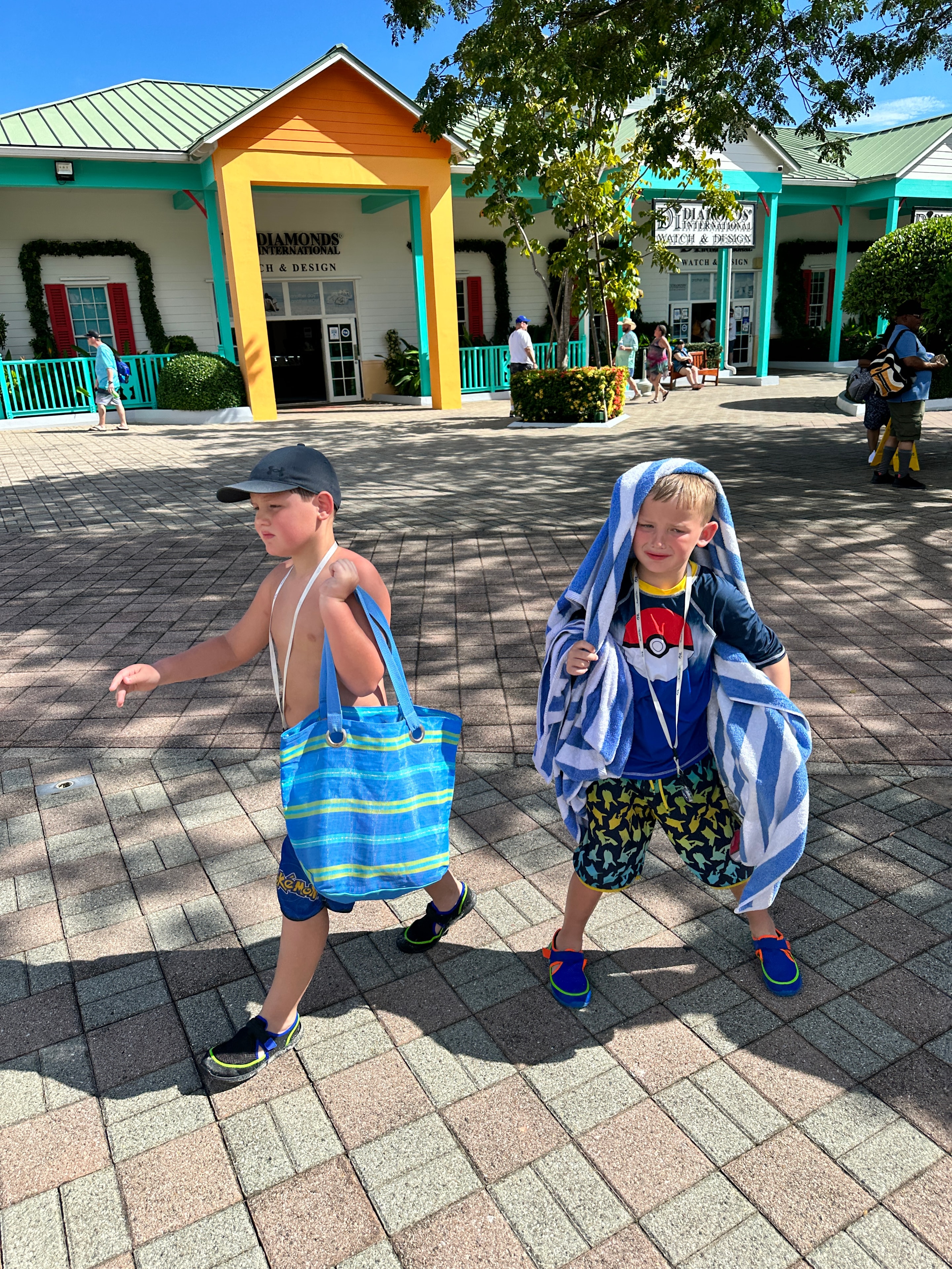 Kids exploring colorful Caribbean shops